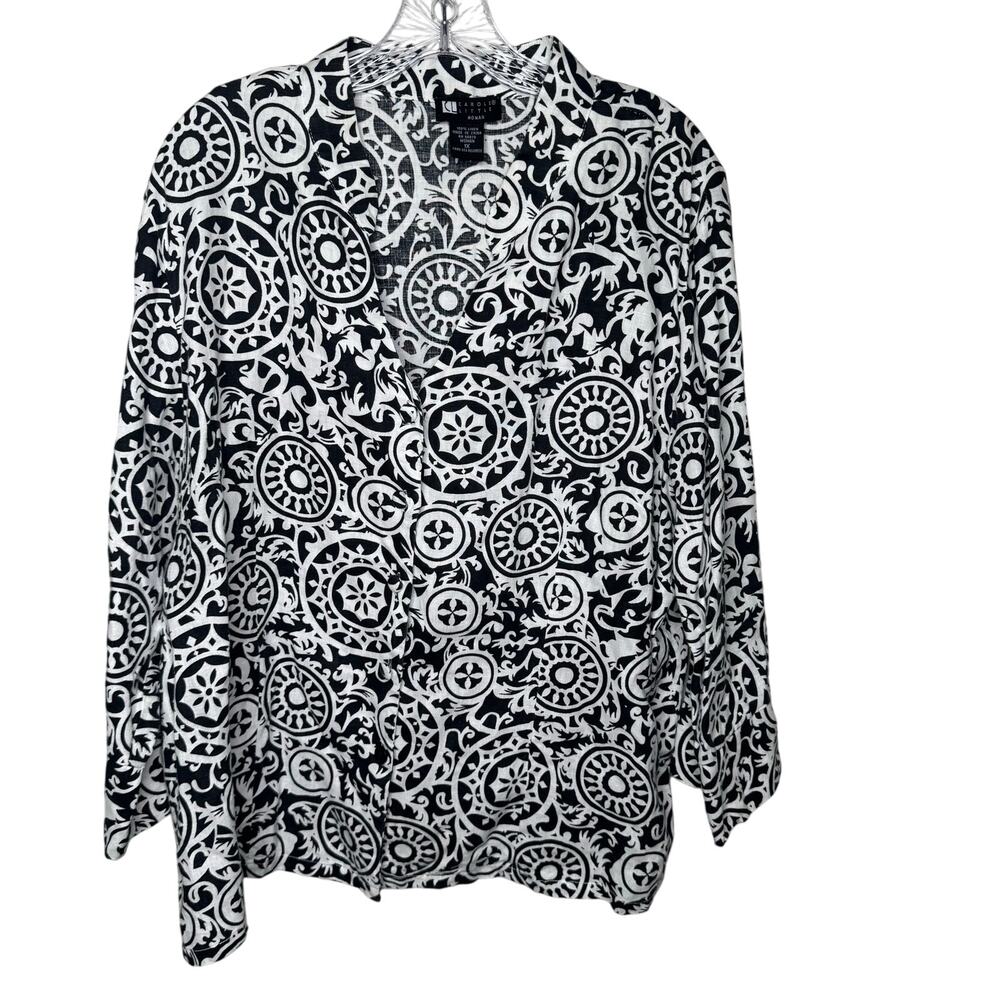Carole Little Woman 1X Linen Blouse Black White Scroll Print Button Front‎ Top